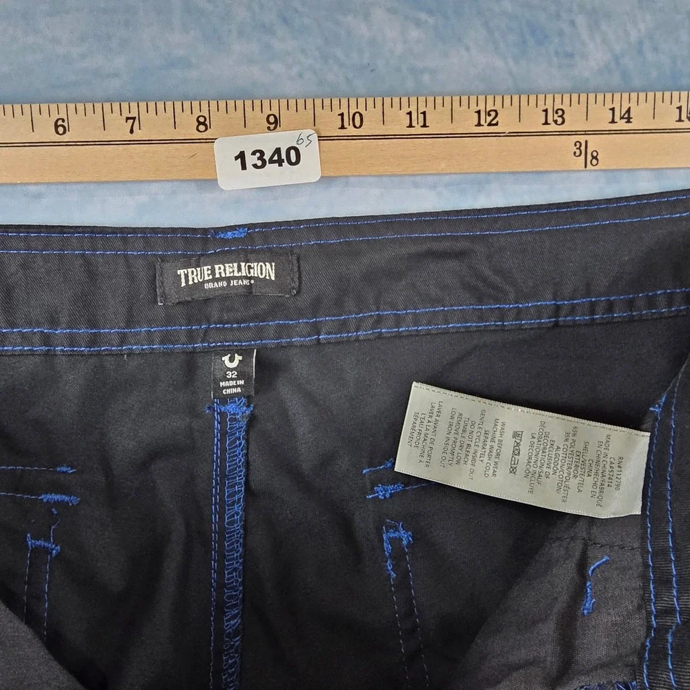 True Religion Mens Cargo Pants Jet Black‎ Pacific Blue Stitch 108335 Size 32 NWT